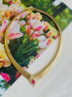 Christian Dior Vintage 1980s Gripoix Ruby Red Diamond Crystals Ribbed Necklace