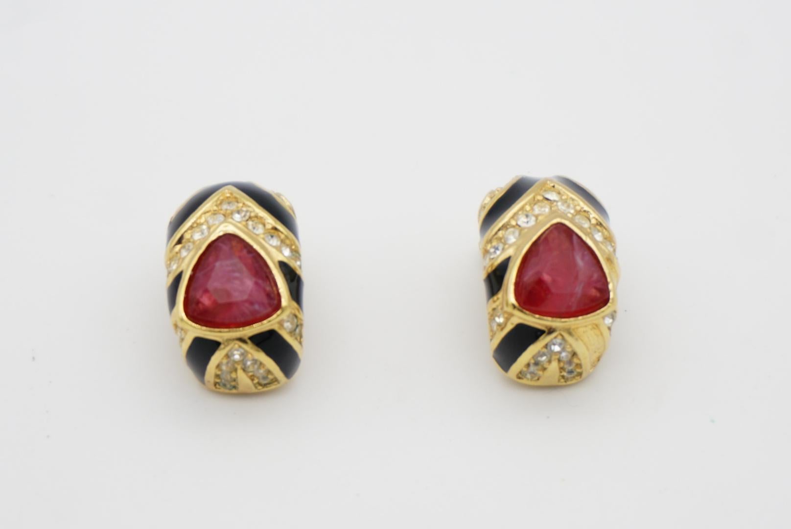 Christian Dior Vintage 1980s Gripoix Ruby Black Crystal Hoop Gold Clip Earrings For Sale 7
