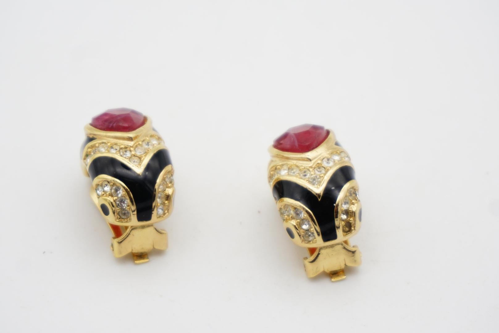 Christian Dior Vintage 1980s Gripoix Ruby Black Crystal Hoop Gold Clip Earrings For Sale 11