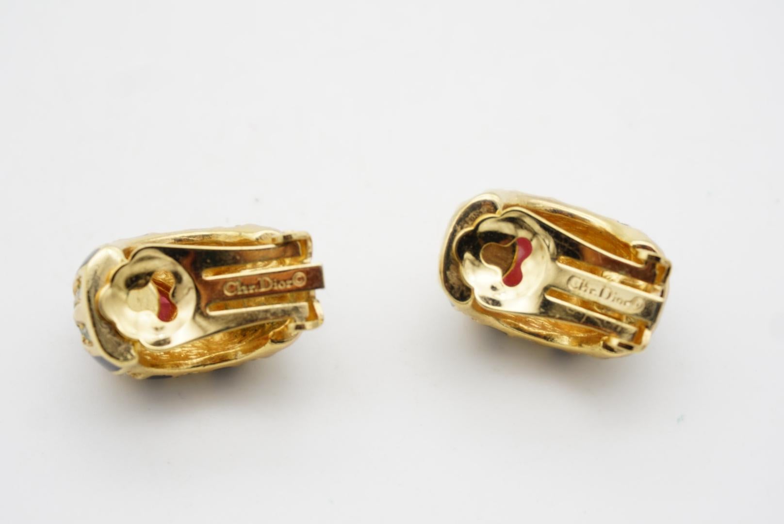 Christian Dior Vintage 1980s Gripoix Ruby Black Crystal Hoop Gold Clip Earrings For Sale 12