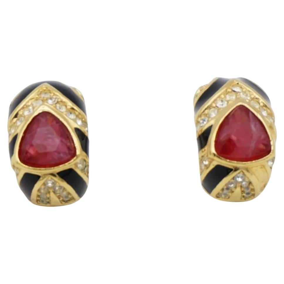 Christian Dior Vintage 1980s Gripoix Ruby Black Crystal Hoop Gold Clip Earrings