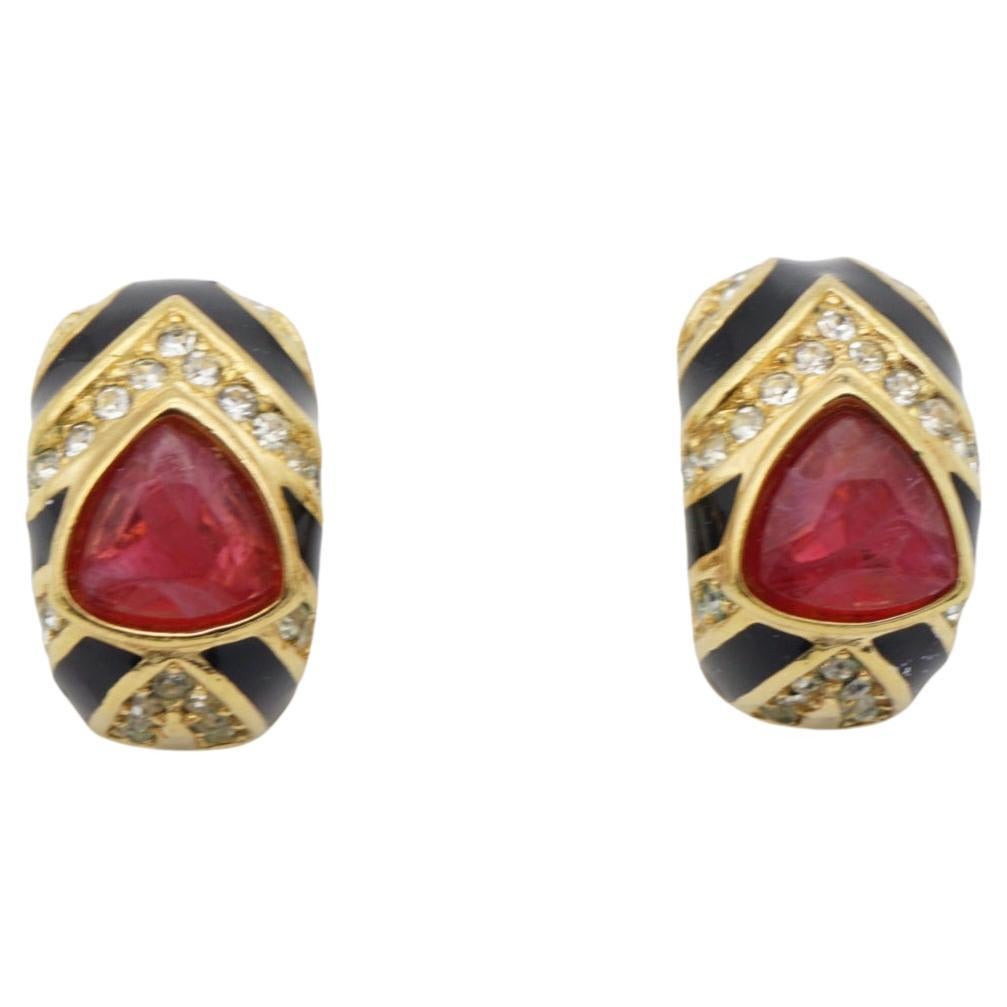 Christian Dior Vintage 1980s Gripoix Ruby Black Crystal Hoop Gold Clip Earrings For Sale