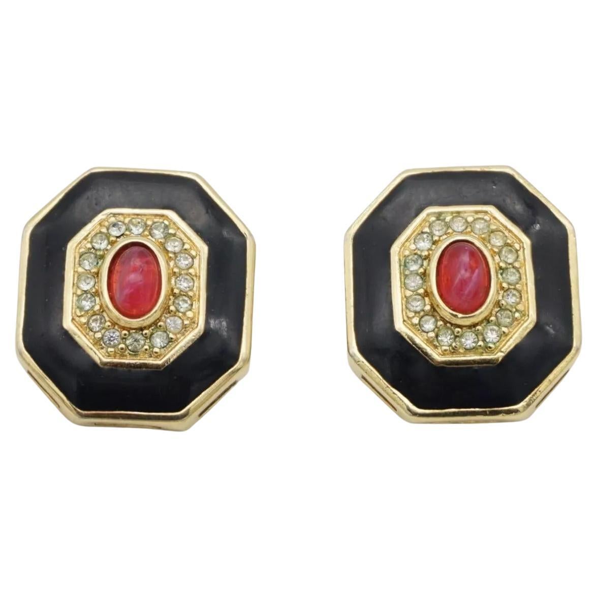 Christian Dior Vintage 1980s Gripoix Ruby Black Crystals Octagon Clip Earrings