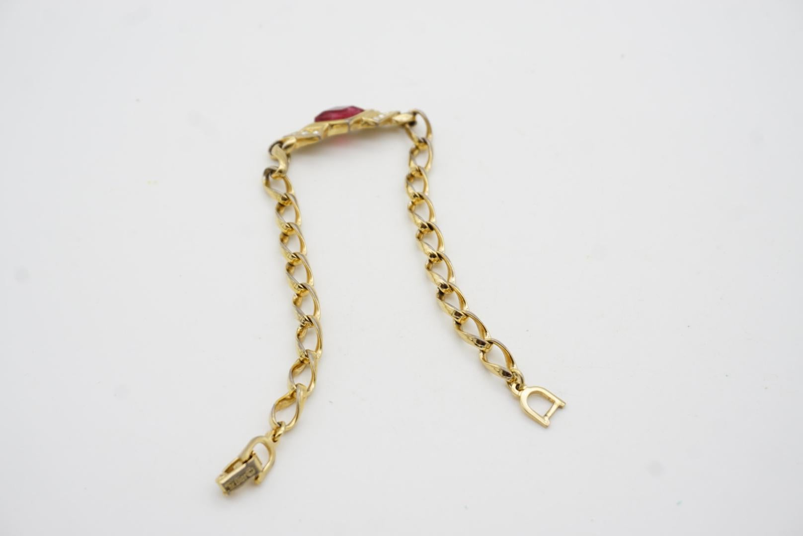Christian Dior Vintage 1980s Gripoix Ruby Diamond Crystals Interlock Bracelet 7