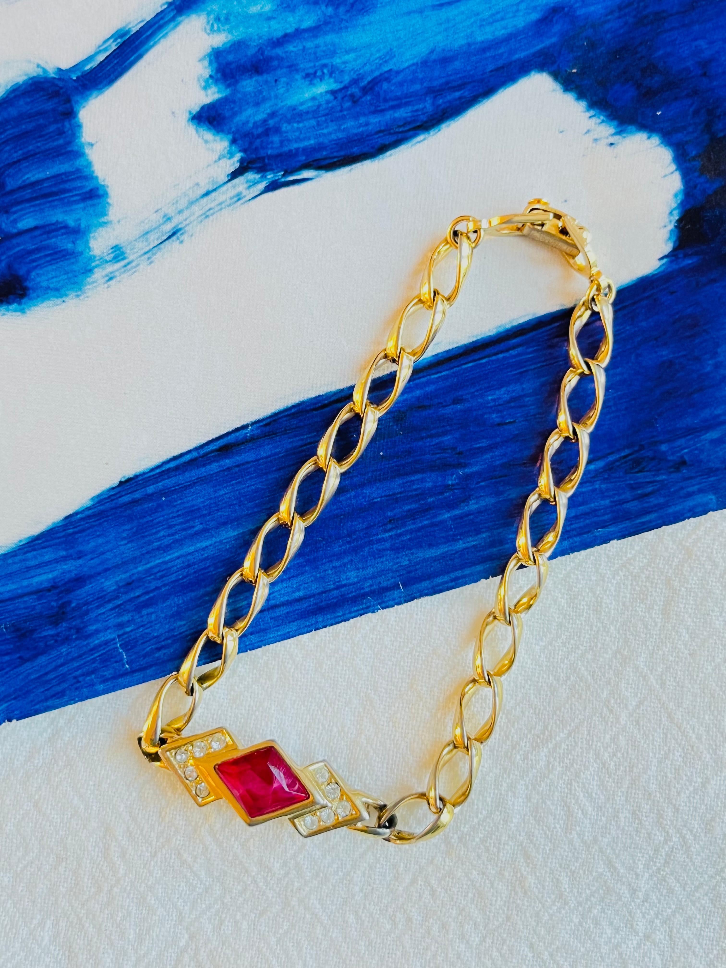 Belle Époque Christian Dior Vintage 1980s Gripoix Ruby Diamond Crystals Interlock Bracelet