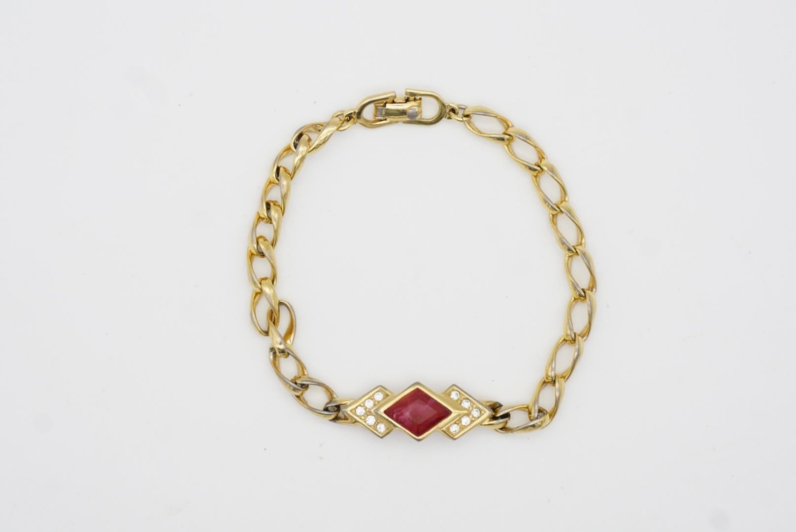 Christian Dior Vintage 1980s Gripoix Ruby Diamond Crystals Interlock Bracelet 3