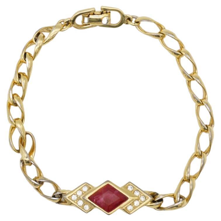 Christian Dior Vintage 1980s Gripoix Ruby Diamond Crystals Interlock Bracelet