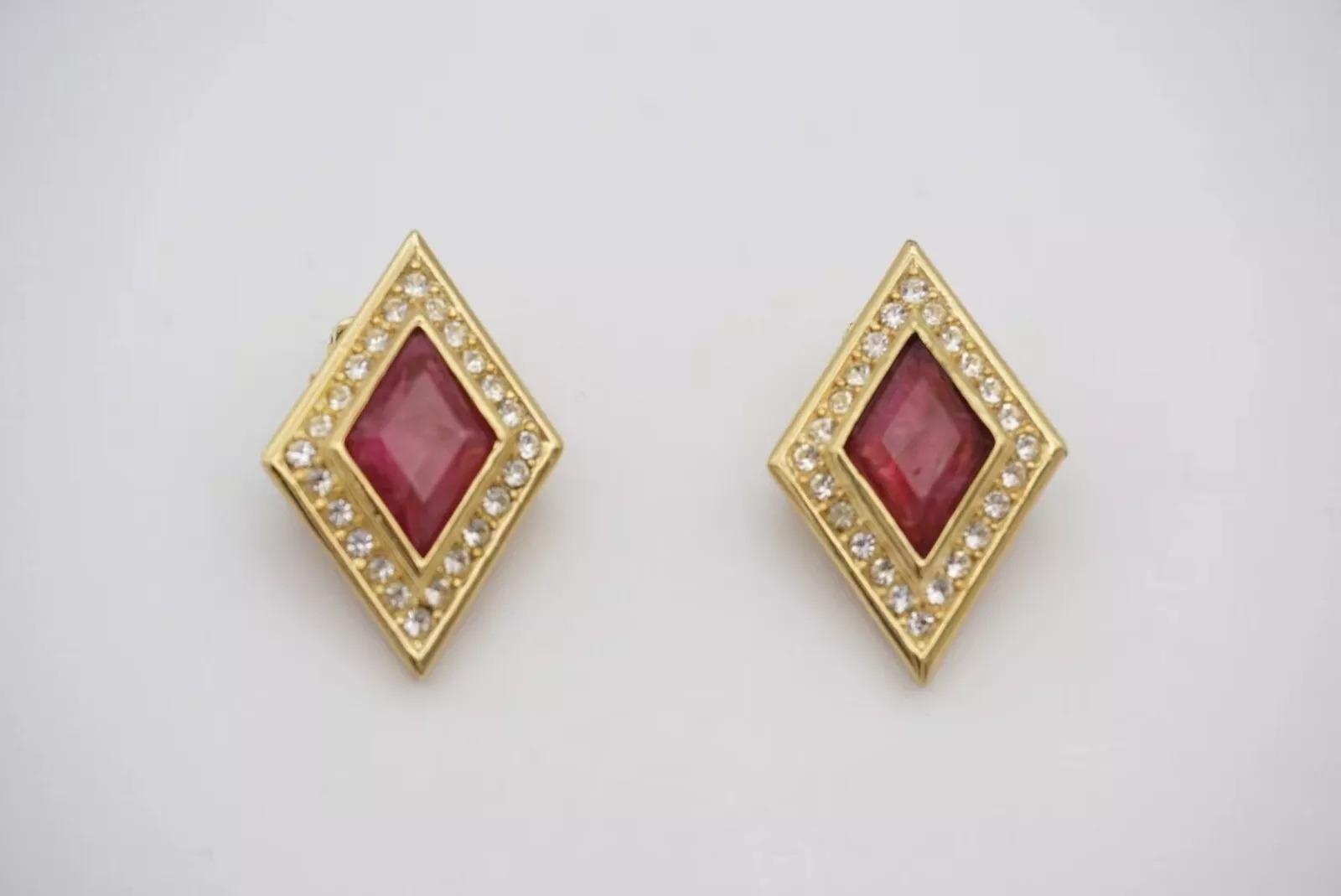 Christian Dior Vintage 1980s Gripoix Ruby Red Diamond Crystals Clip Earrings For Sale 7
