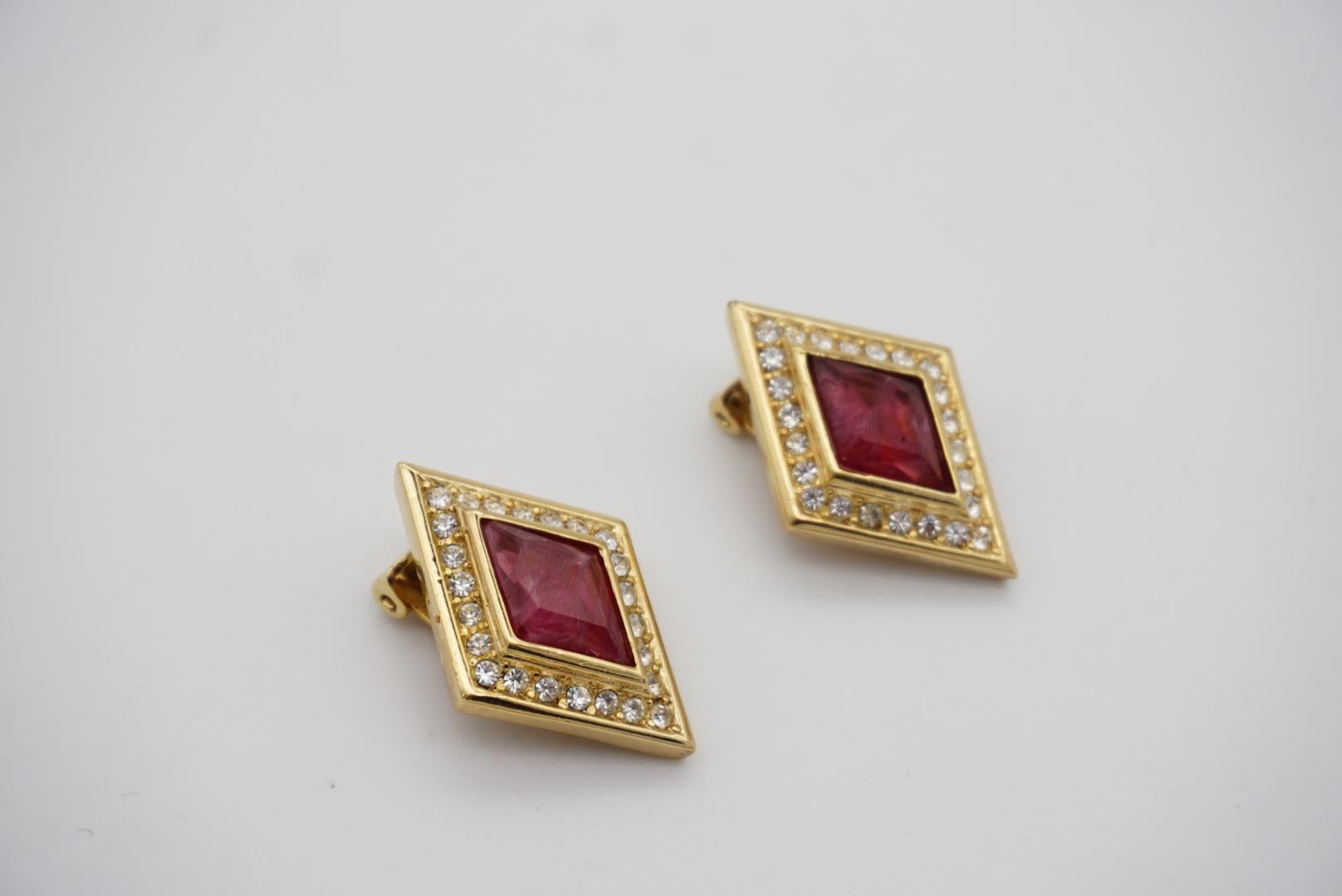 Christian Dior Vintage 1980s Gripoix Ruby Red Diamond Crystals Clip Earrings For Sale 9