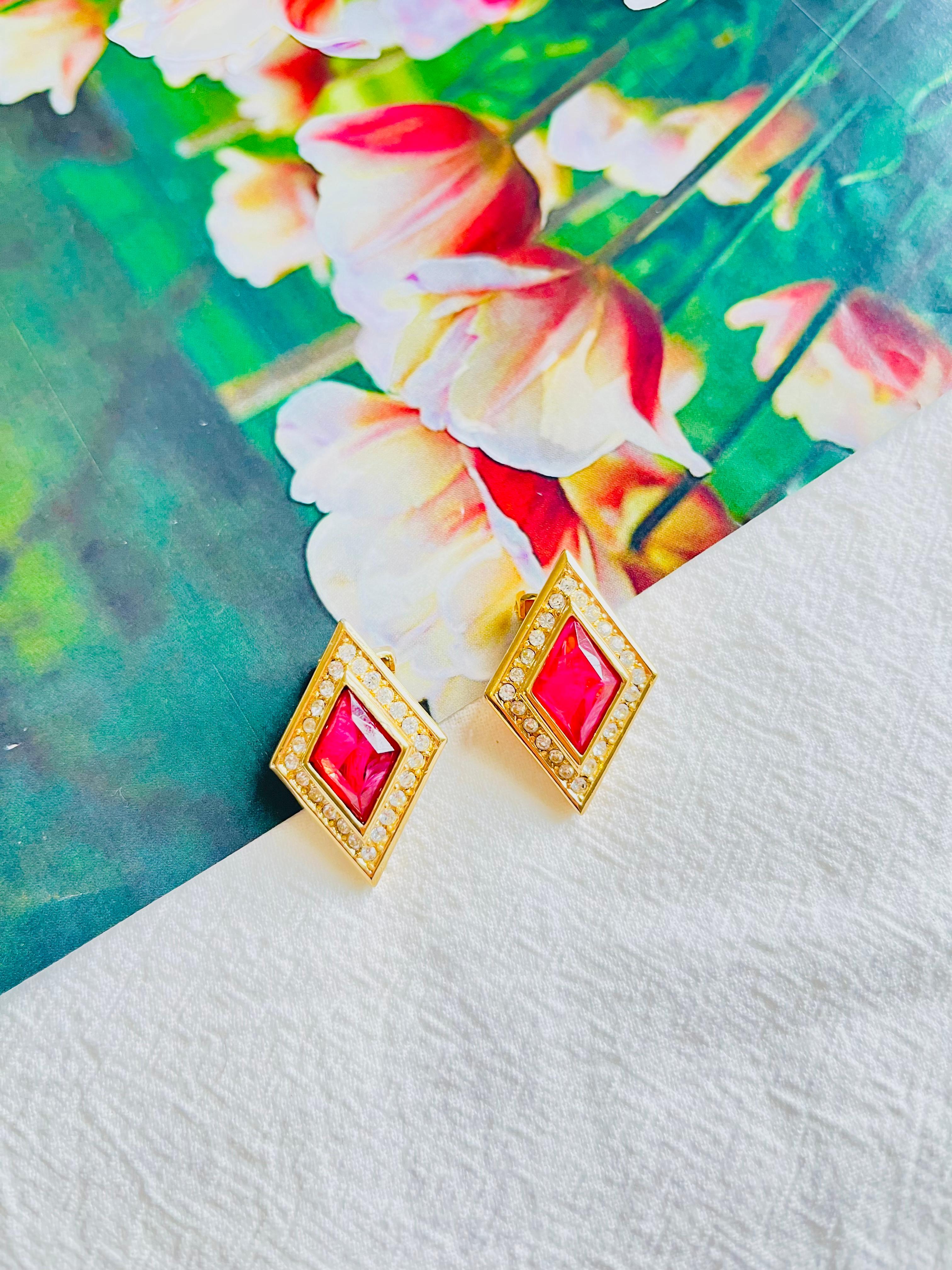 Art Deco Christian Dior Vintage 1980s Gripoix Ruby Red Diamond Crystals Clip Earrings For Sale