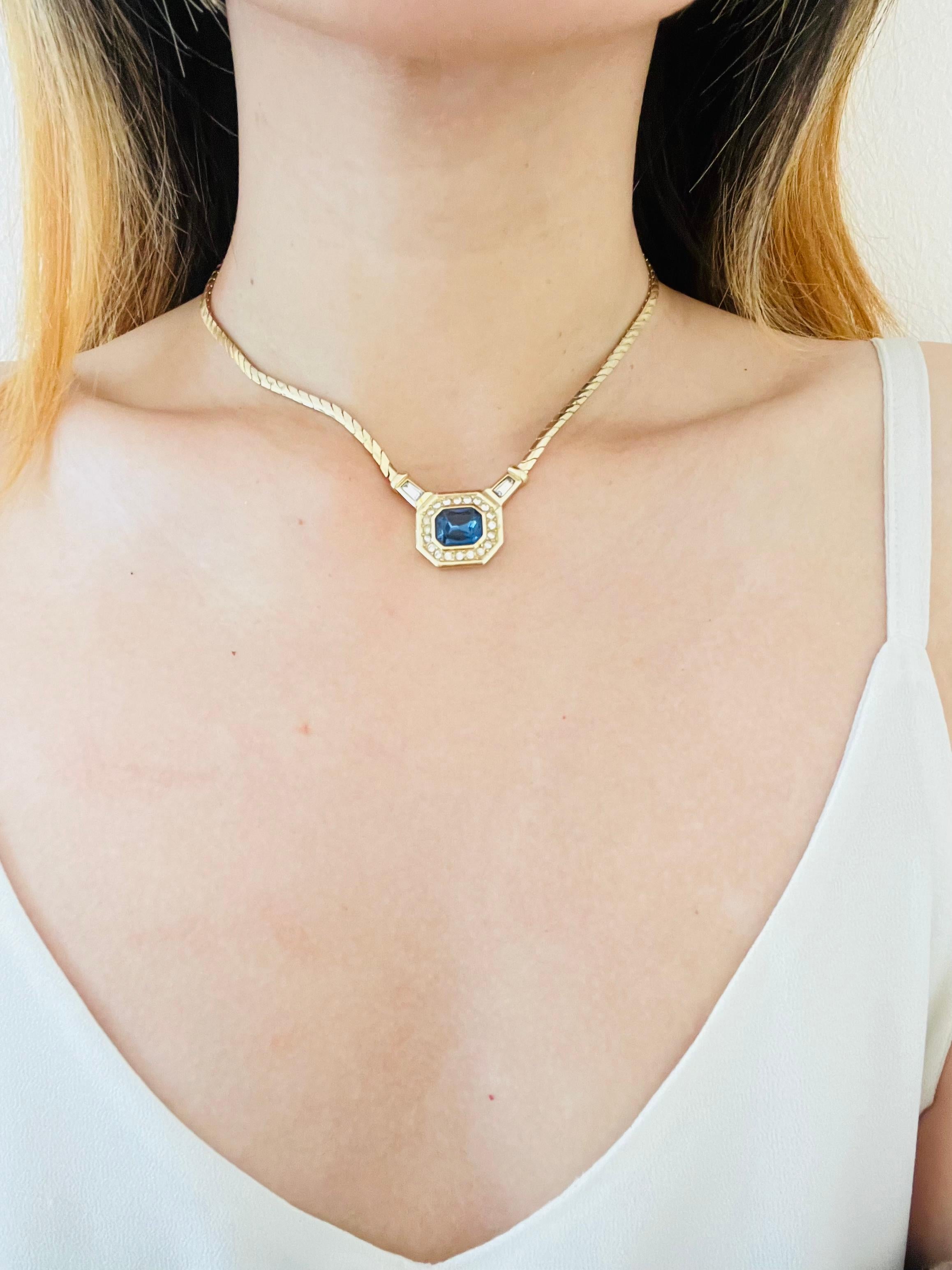 Christian Dior Vintage 1980s Gripoix Sapphire Crystals Octagon Pendant Necklace 1