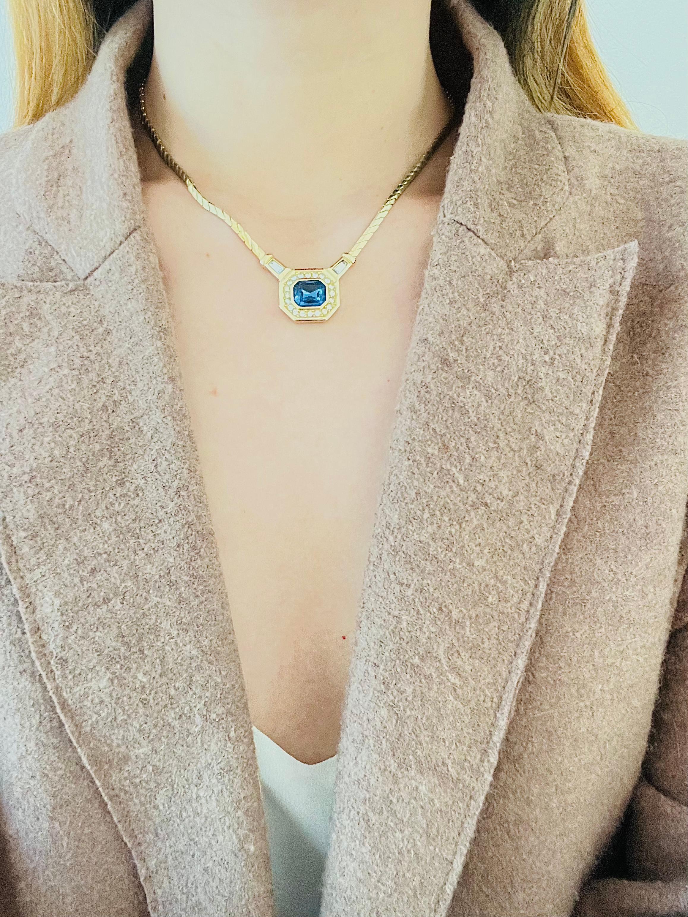 Christian Dior Vintage 1980s Gripoix Sapphire Crystals Octagon Pendant Necklace 2