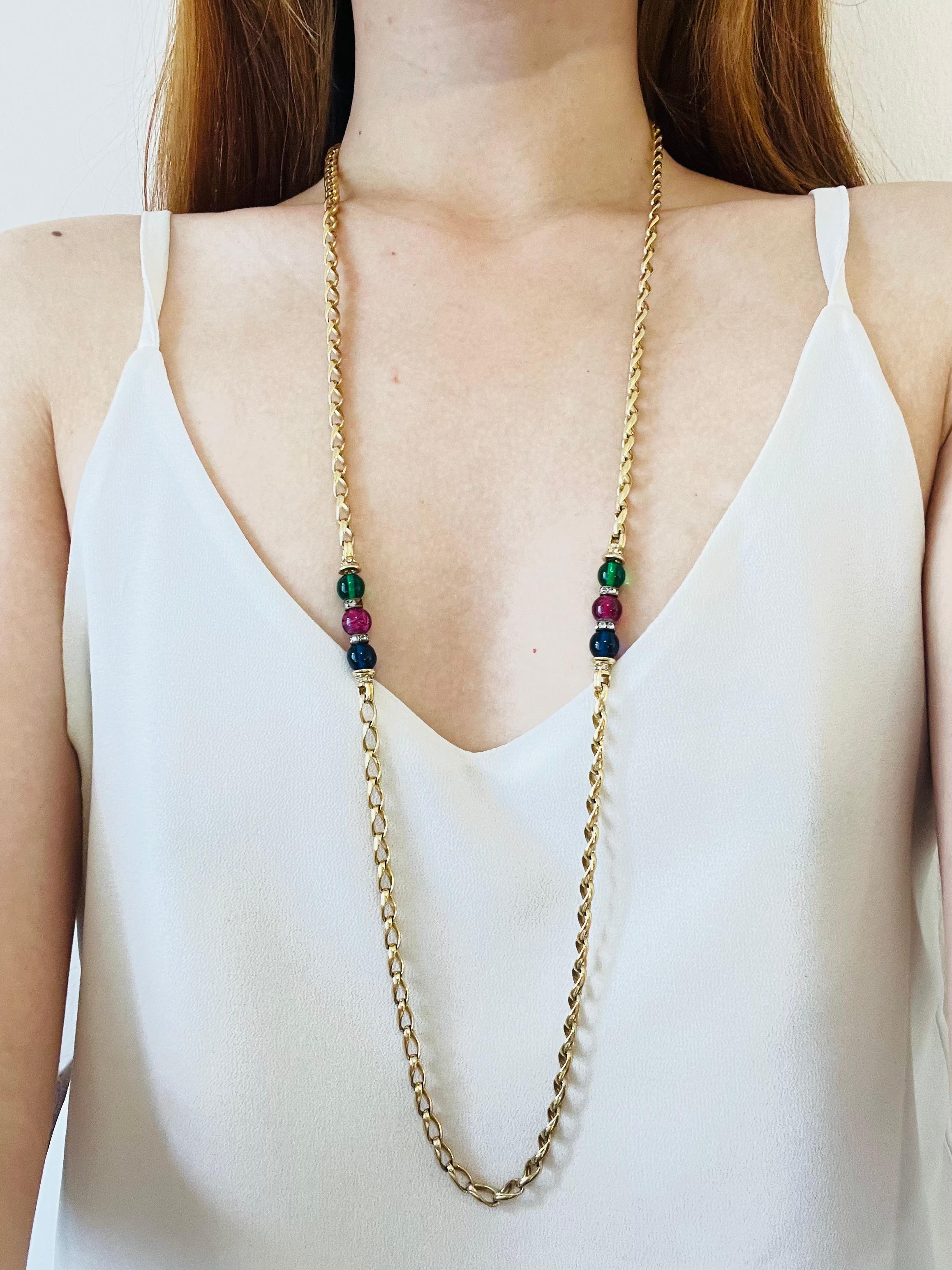 Christian Dior Vintage 1980s Gripoix Sapphire Ruby Emerald Balls Long Necklace For Sale 5
