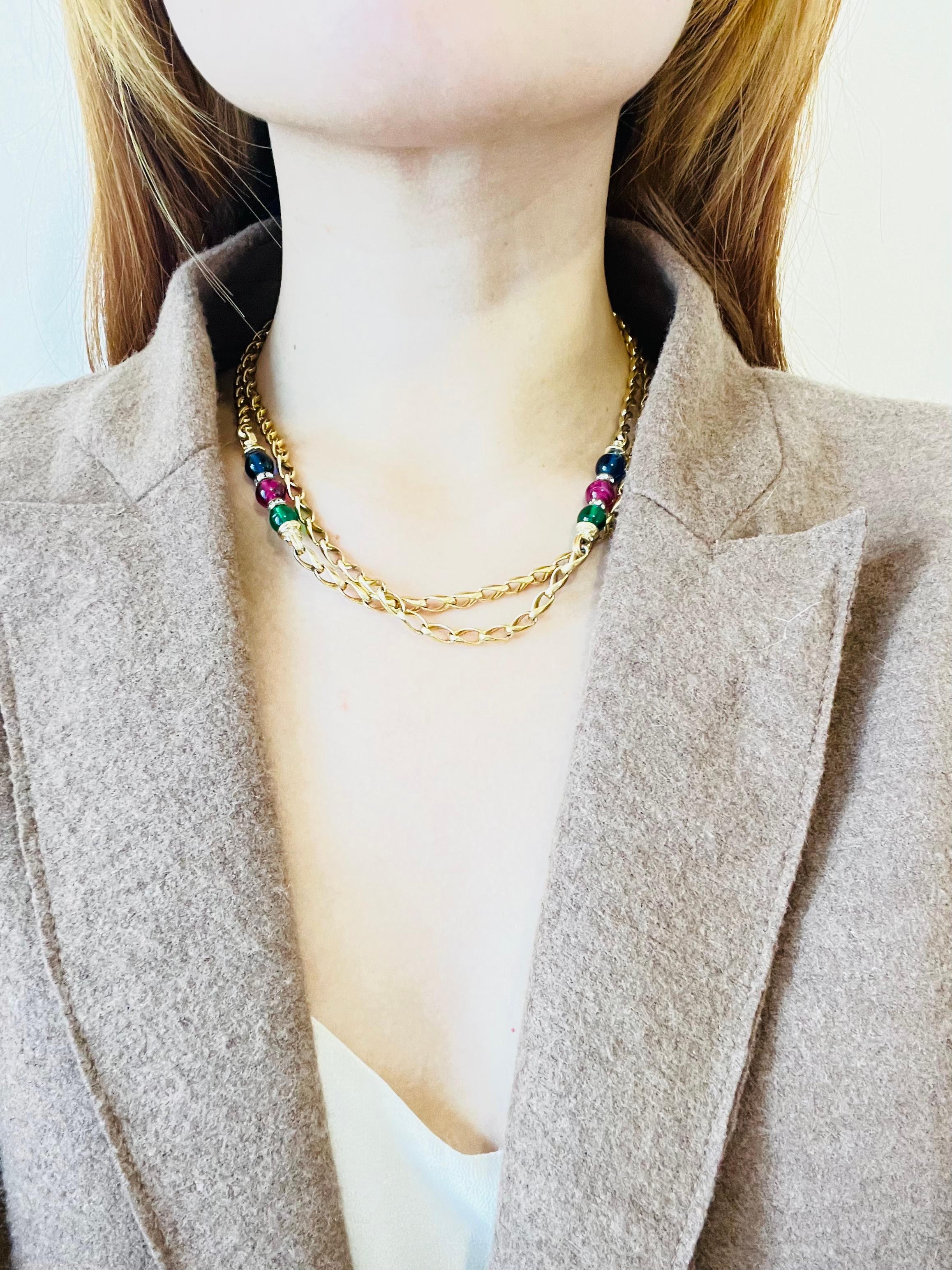 Christian Dior Vintage 1980s Gripoix Sapphire Ruby Emerald Balls Long Necklace For Sale 3