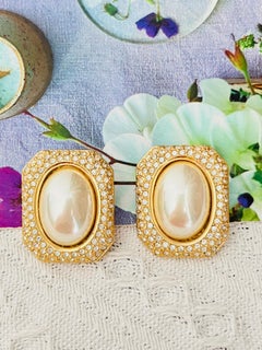 Christian Dior Vintage 1980s Huge Octagon White Oval Pearl Crystals Earrings