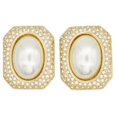 Christian Dior Vintage 1980s Huge Octagon White Oval Pearl Crystals Earrings