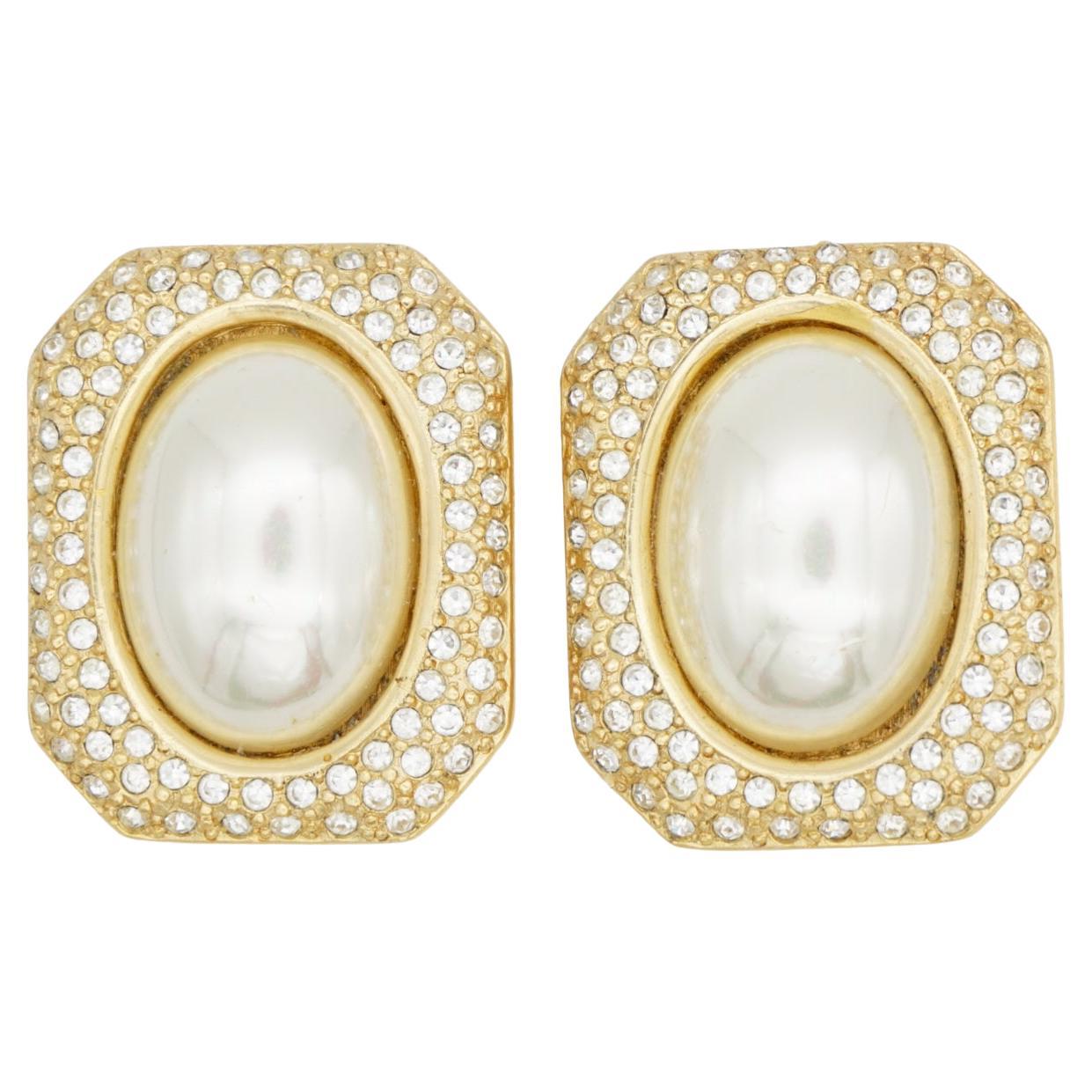 Christian Dior Vintage 1980er Jahre Riesiges Achteck Weißes Oval Perlenkristalle Ohrringe