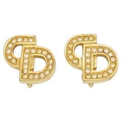 Christian Dior Vintage 1980s Iconic Gold Crystals Logo CD Monogram Clip Earrings
