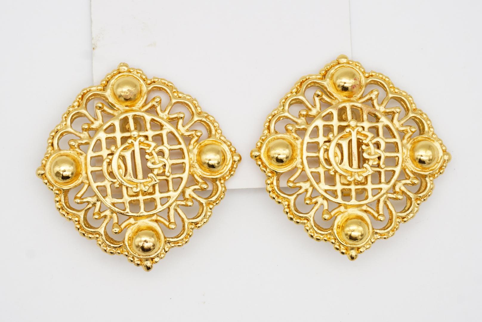 Christian Dior 1980s Vintage Large Monogram Insignia Crest Openwork Earrings For Sale 5
