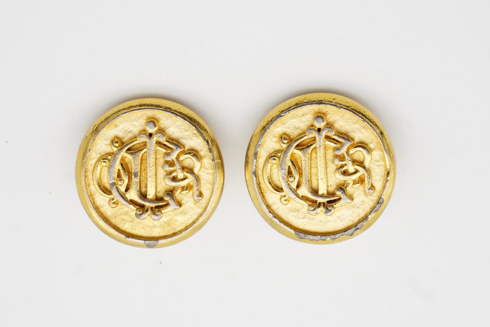 Christian Dior Vintage 1980s Insignia Initial Monogram Logo Round Clip Earrings 5