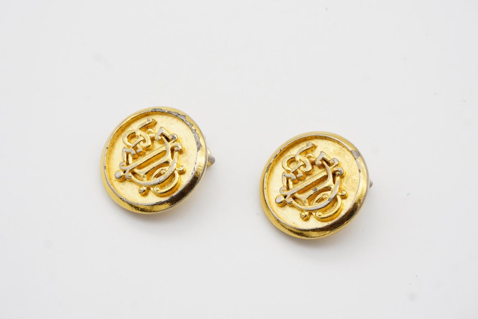 Christian Dior Vintage 1980s Insignia Initial Monogram Logo Round Clip Earrings 6