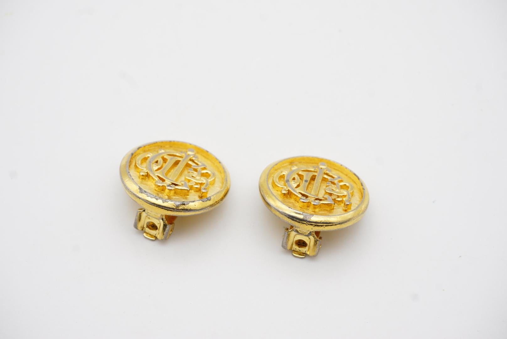Christian Dior Vintage 1980s Insignia Initial Monogram Logo Round Clip Earrings For Sale 6
