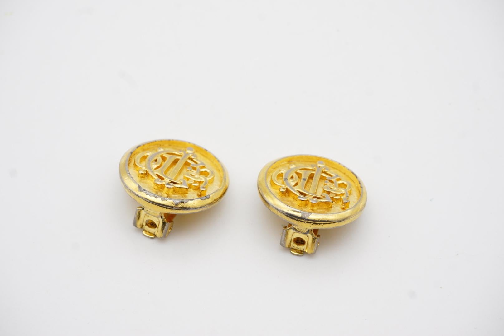 Christian Dior Vintage 1980s Insignia Initial Monogram Logo Round Clip Earrings 7