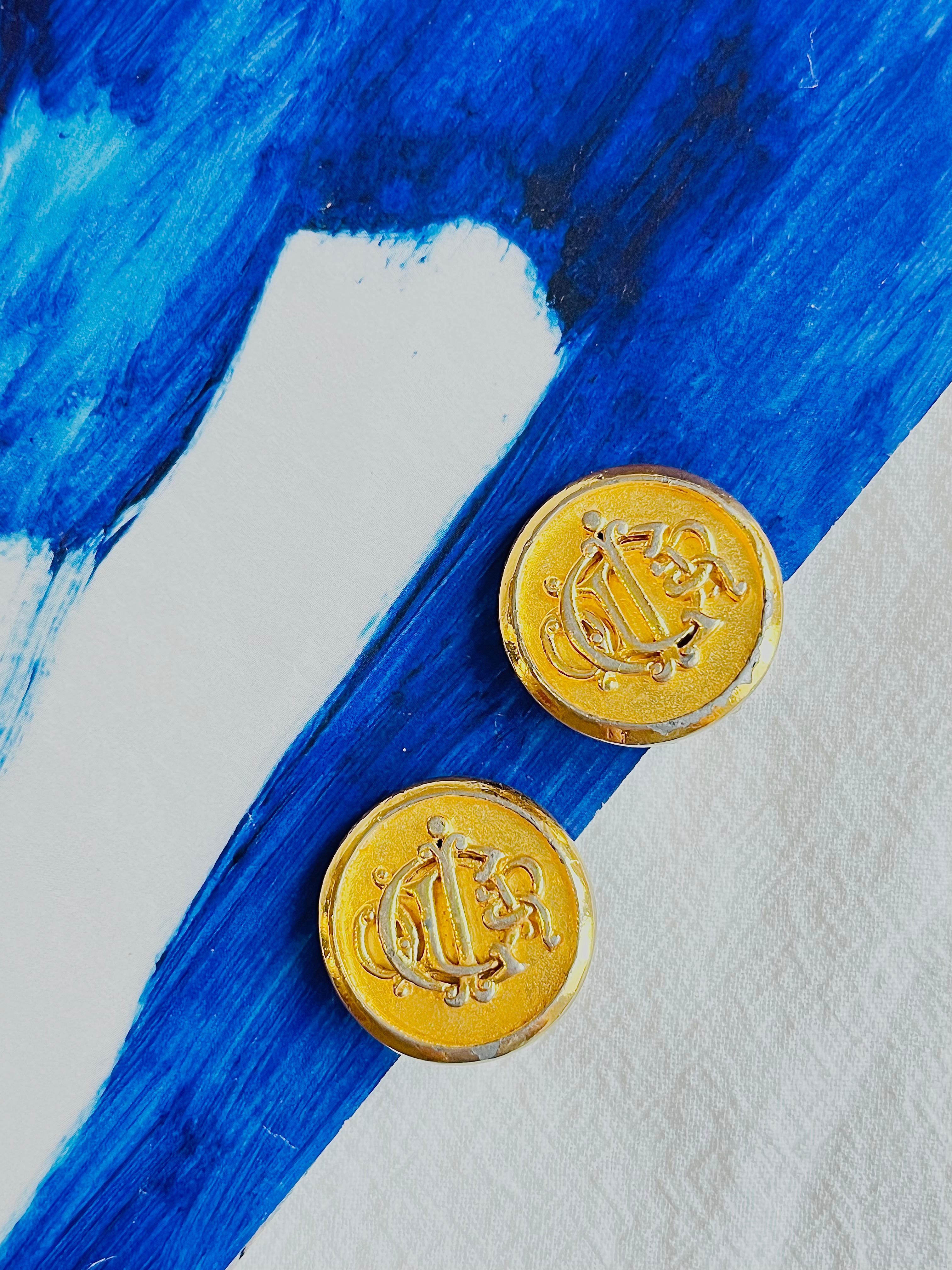 Art Nouveau Christian Dior Vintage 1980s Insignia Initial Monogram Logo Round Clip Earrings