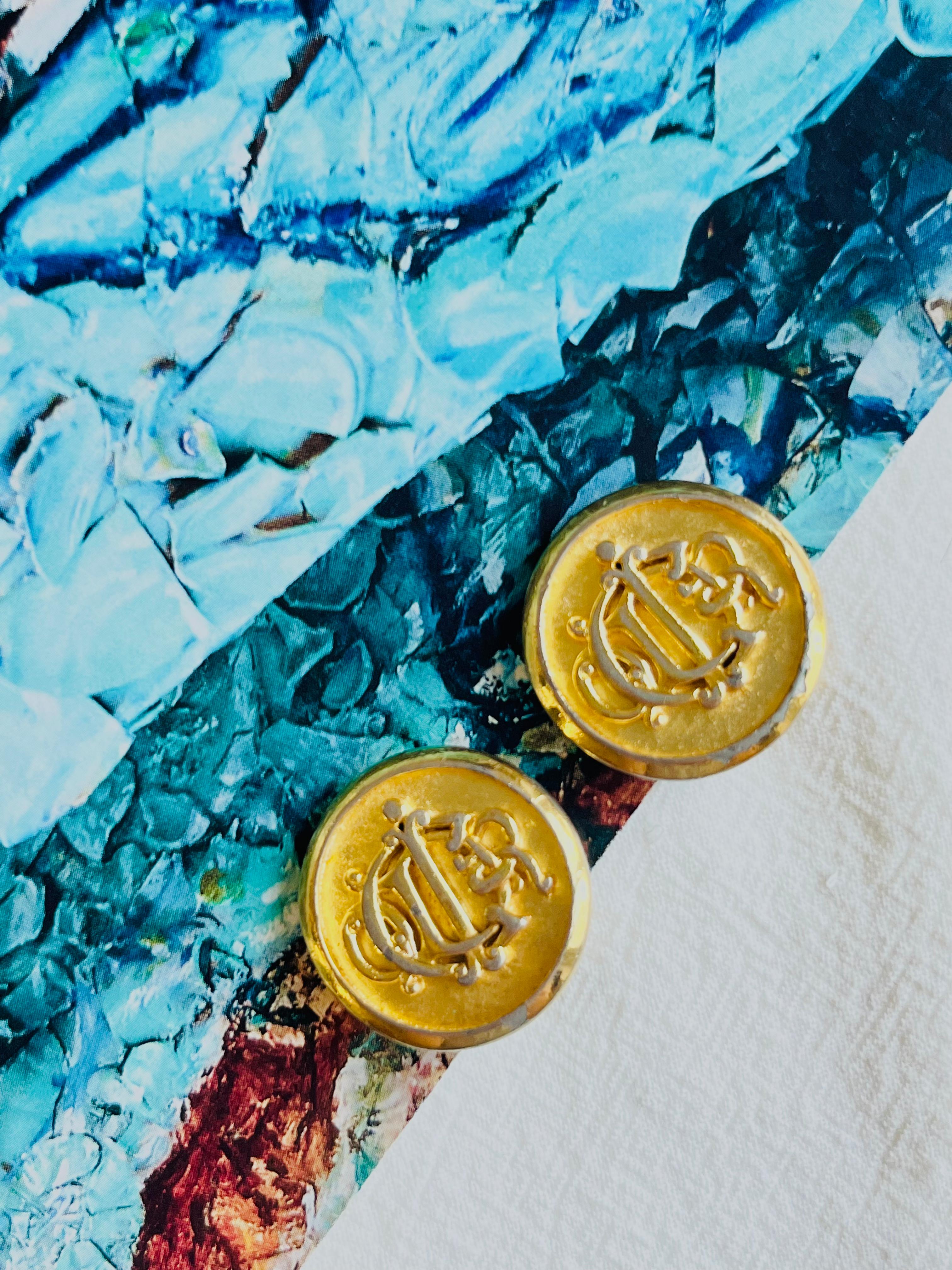 Christian Dior Vintage 1980s Insignia Initial Monogram Logo Round Clip Earrings In Good Condition In Wokingham, England