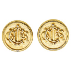 Christian Dior Vintage 1980s Insignia Initial Monogram Logo Round Clip Earrings