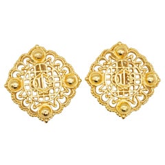 Christian Dior 1980s Used Large Monogram Insignia Crest Openwork Earrings