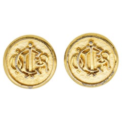Christian Dior Vintage 1980 Insignia Initial Monogram Logo Orecchini tondi a clip