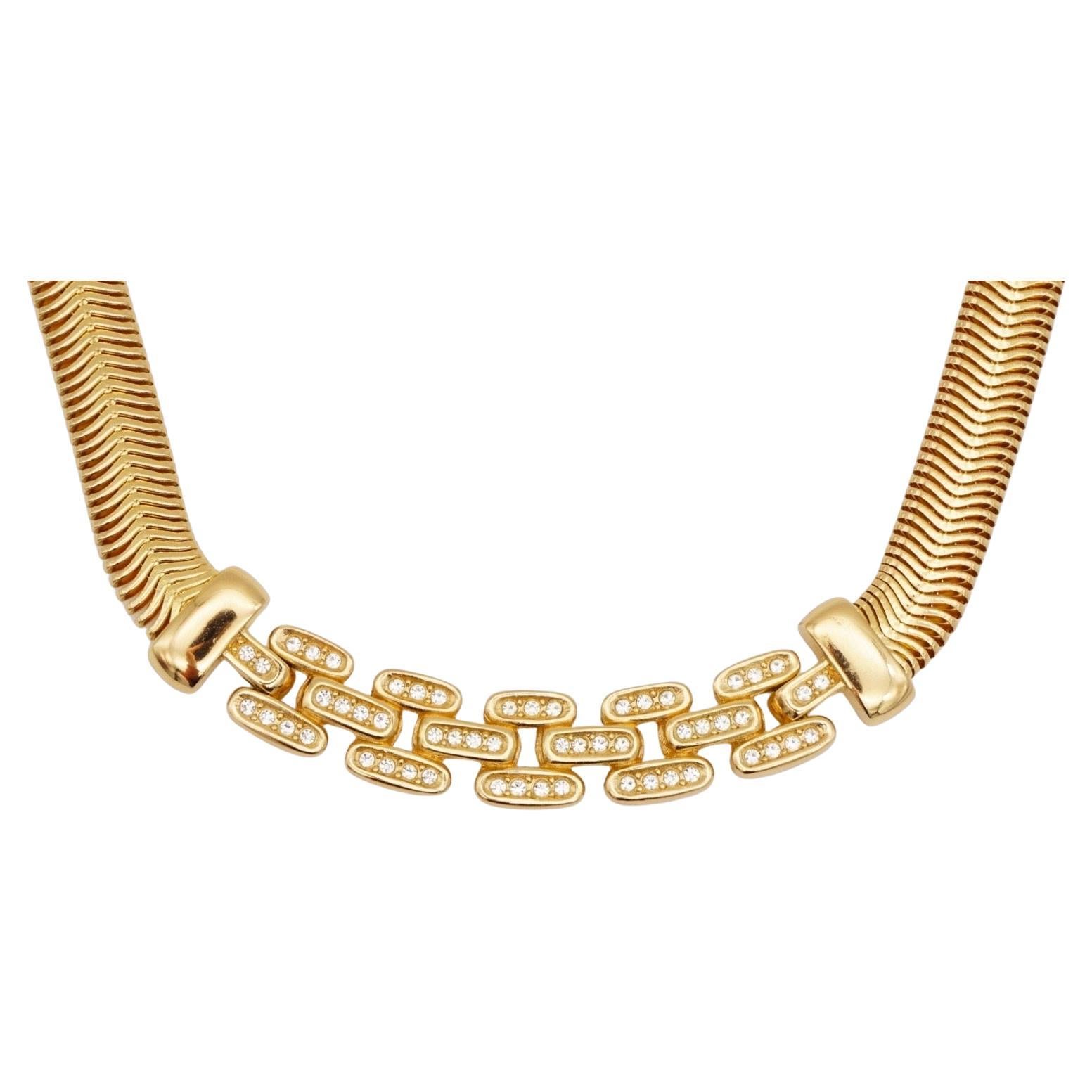 Christian Dior Vintage 1980s Unisex Interlinked Crystals Trio Bar Bib Pendant Omega Snake Link Omega Collar Choker Necklace, Gold Plated

Very excellent condition. Very new. Marked 'Chr.Dior (C) '. Rare to find. 100% Genuine. 

Materials: Gold
