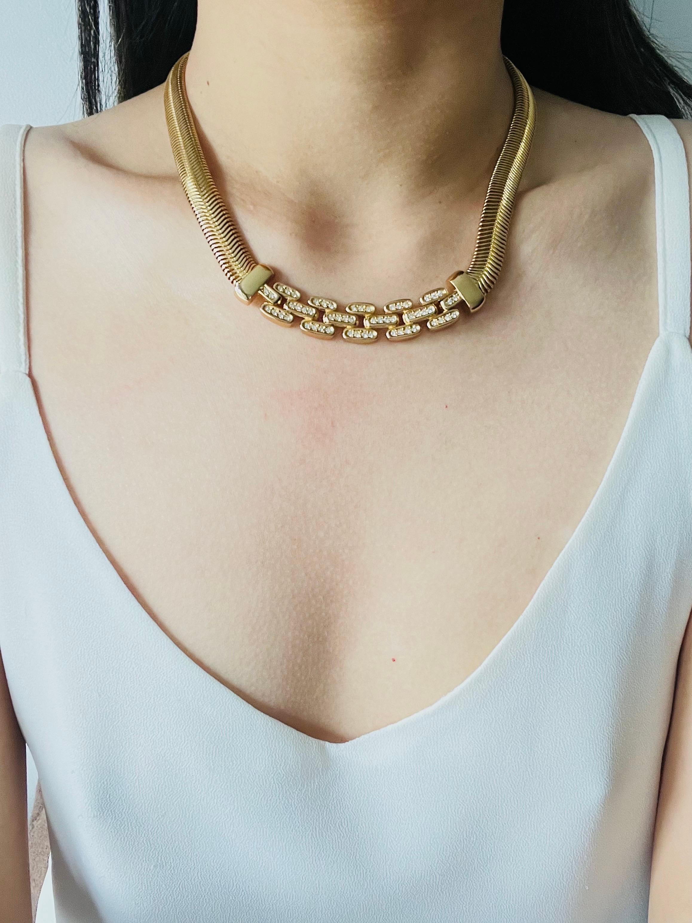 Women's or Men's Christian Dior Vintage 1980s Interlinked Crystals Bib Omega Snake Link Necklace For Sale