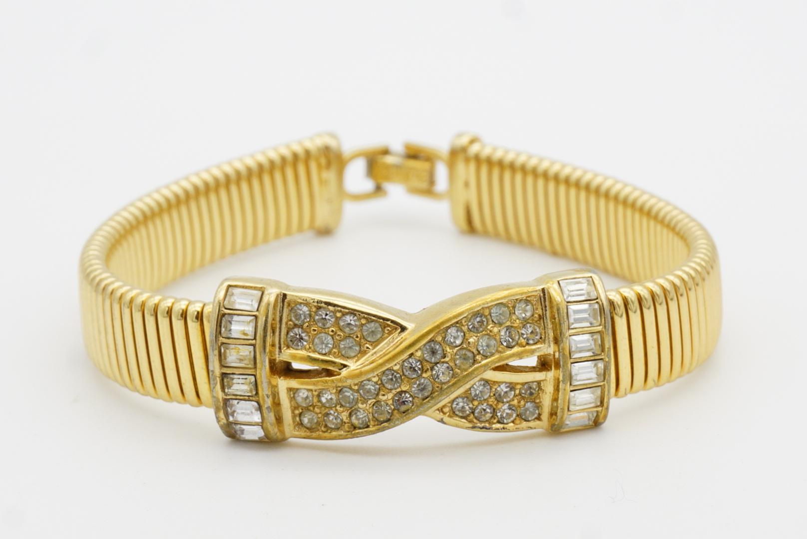 Christian Dior Vintage 1980s Interlocked Cross Crystals Ribbed Omega Bracelet 5