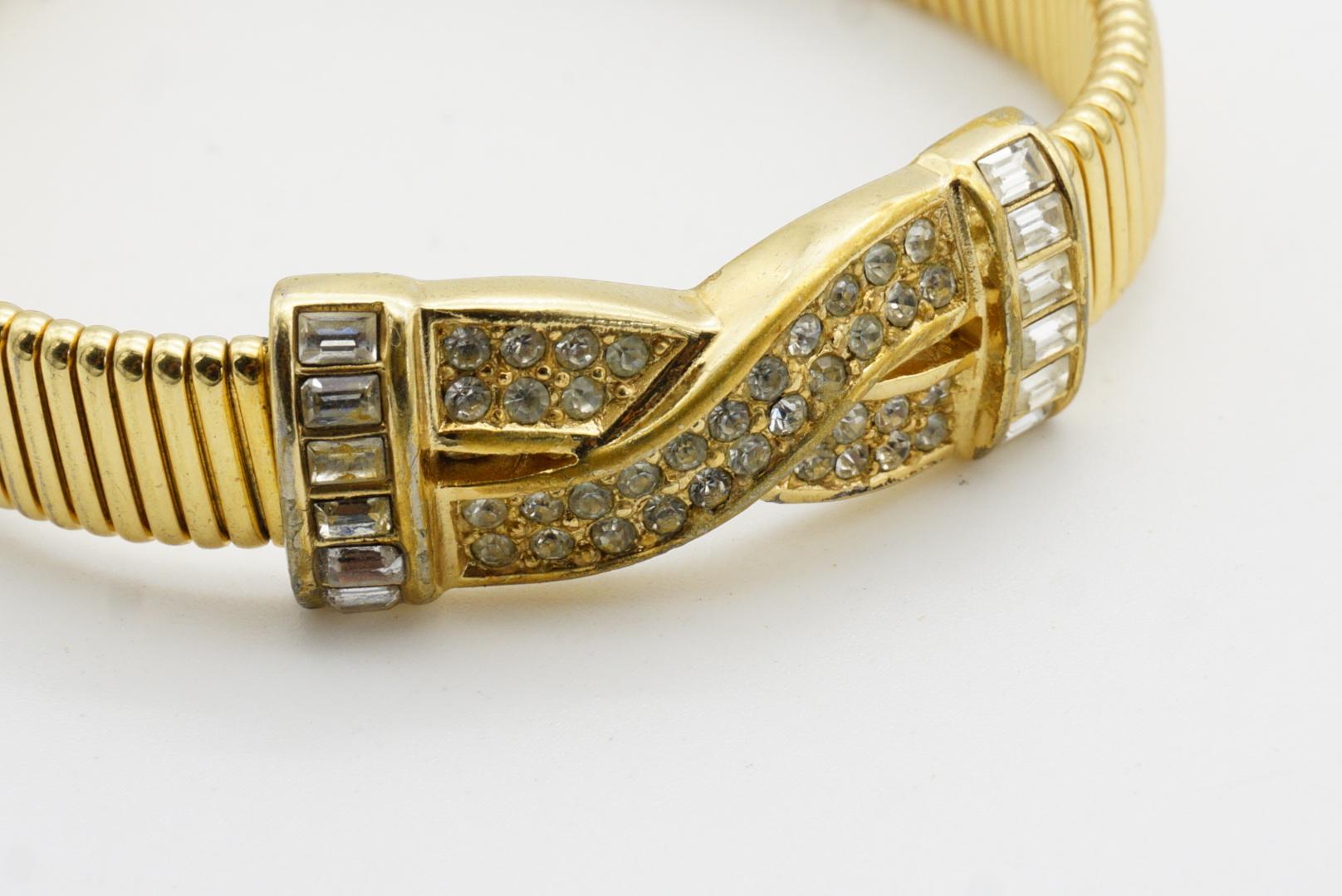 Christian Dior Vintage 1980s Interlocked Cross Crystals Ribbed Omega Bracelet 6