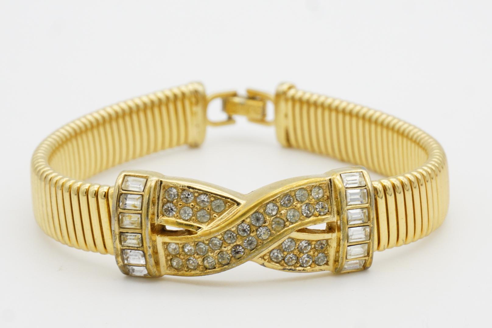 Christian Dior Vintage 1980s Interlocked Cross Crystals Ribbed Omega Bracelet 4