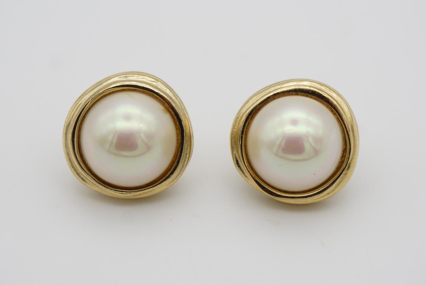 Baroque Christian Dior Vintage 1980s Irregular Large Round Faux Pearl Pierced Earrings For Sale