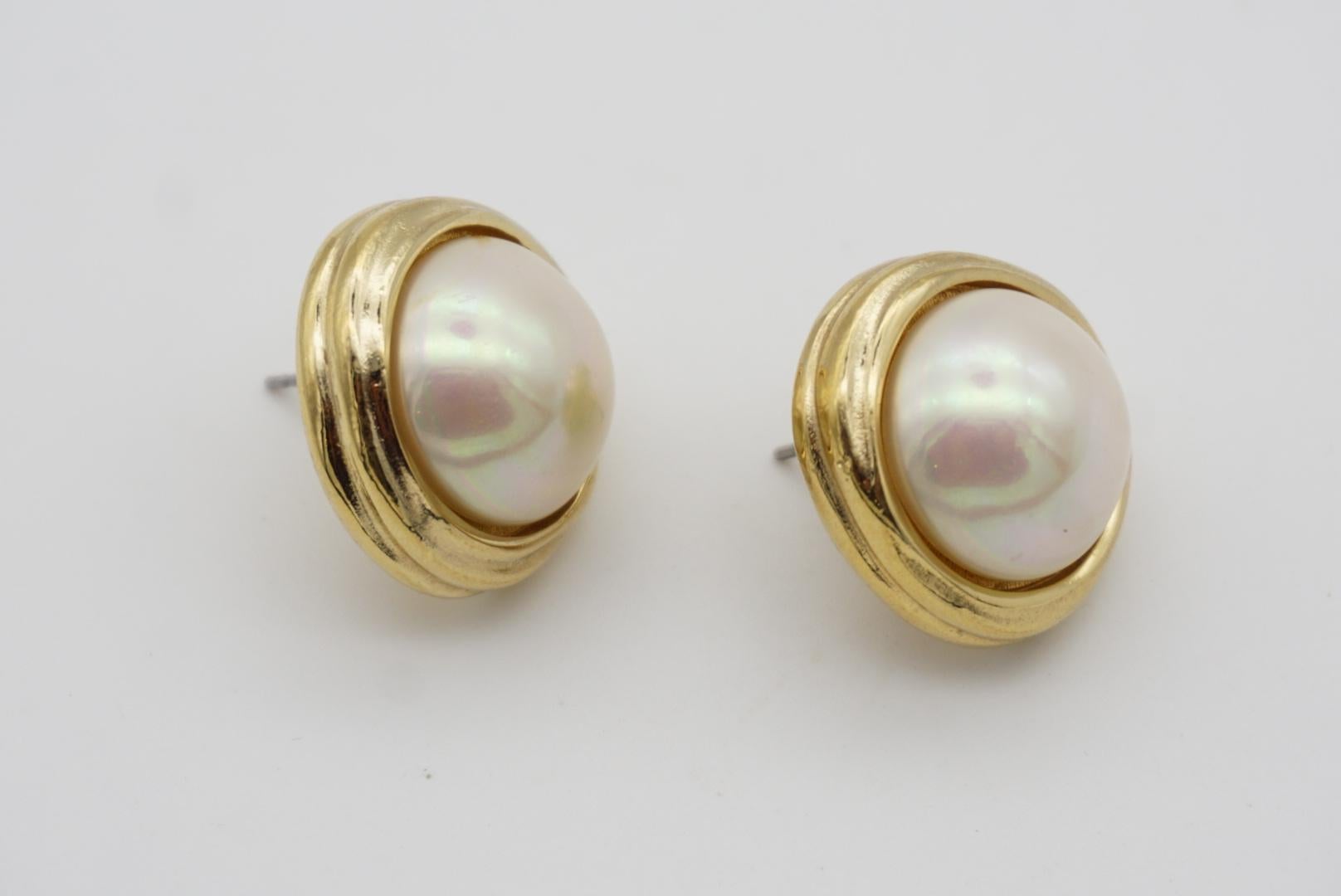 Women's or Men's Christian Dior Vintage 1980s Irregular Large Round Faux Pearl Pierced Earrings For Sale