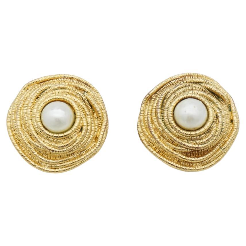 Christian Dior Vintage 1980s Irregular Spiral Round Pearl Clip Gold Earrings