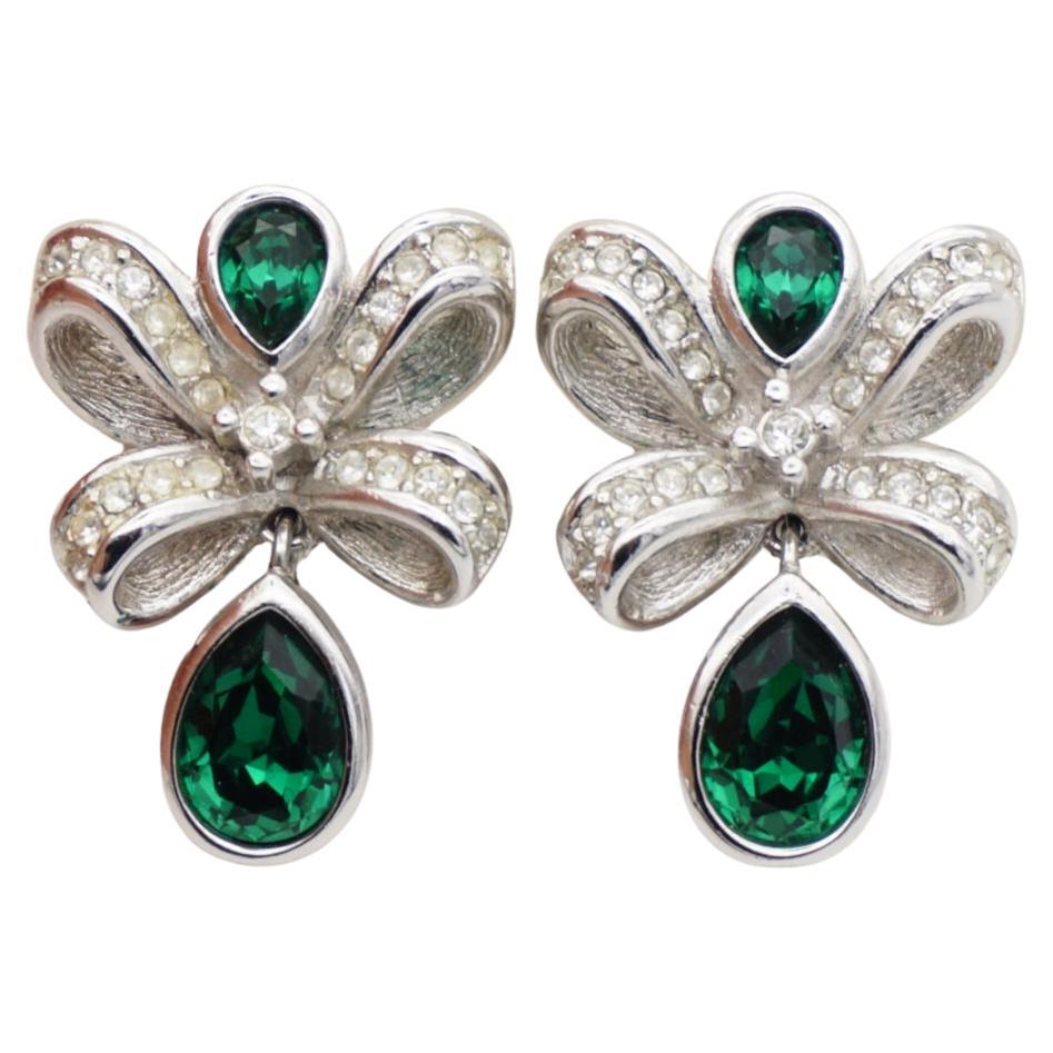 Christian Dior Vintage 1980s Knot Bow Crystals Emerald Water Drop Clip Earrings For Sale