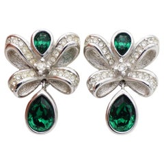 Christian Dior Vintage 1980s Knot Bow Crystals Emerald Water Drop Clip Earrings