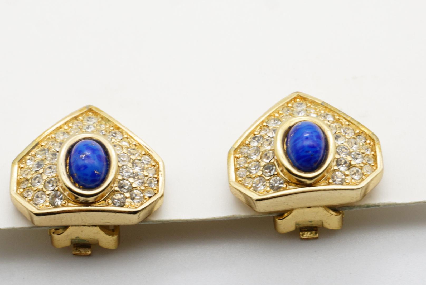 Christian Dior Vintage 1980s Lapis Cabochon Crystal Foil Triangle Clip Earrings For Sale 5