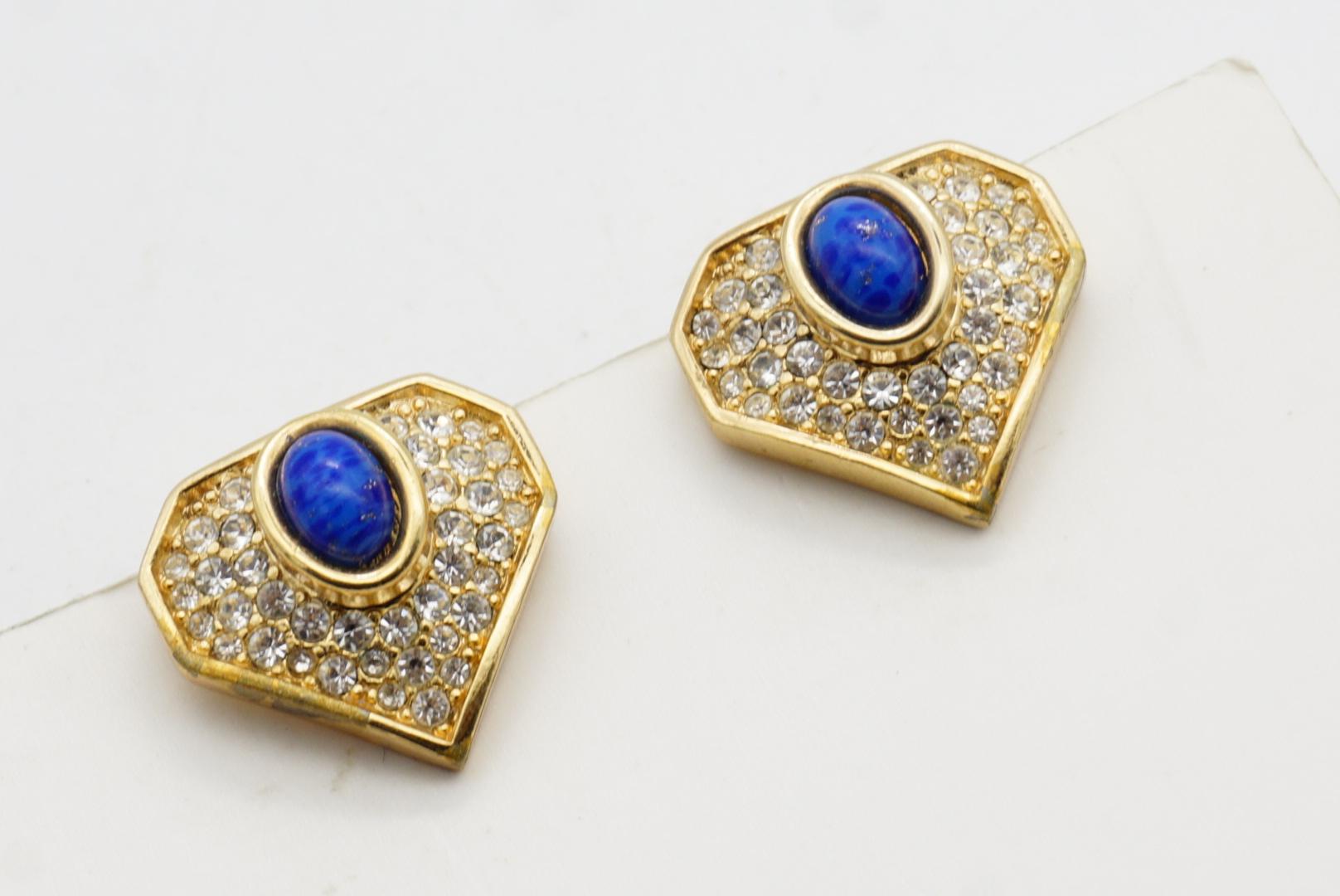Christian Dior Vintage 1980s Lapis Cabochon Crystal Foil Triangle Clip Earrings For Sale 4