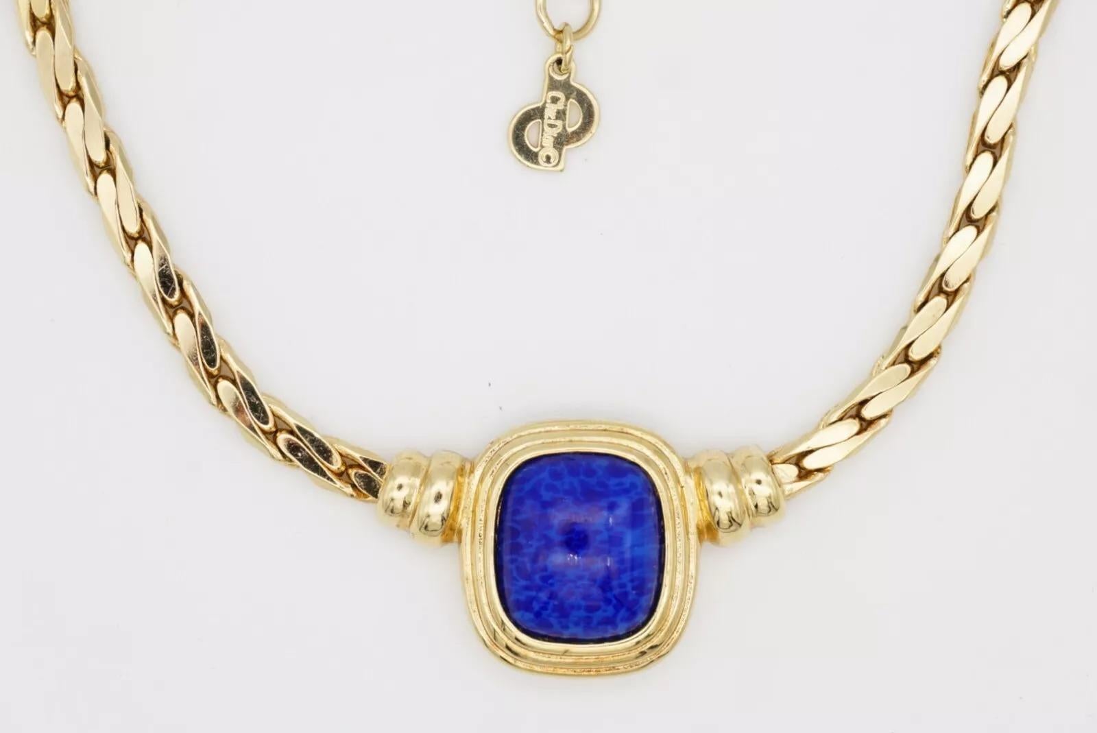 Christian Dior Vintage 1980s Lapis Cabochon Marble Rectangle Pendant Necklace For Sale 8