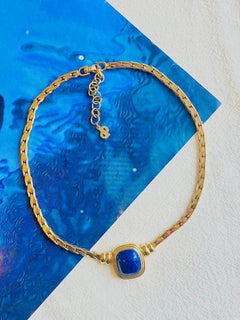 Christian Dior Vintage 1980s Lapis Cabochon Marble Rectangle Pendant Necklace