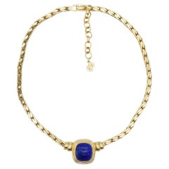 Christian Dior Vintage 1980s Lapis Cabochon Marble Rectangle Pendant Necklace