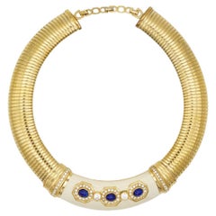 Christian Dior Vintage 1980s Lapis Crystals Beige Ribbed Omega Chunky Necklace