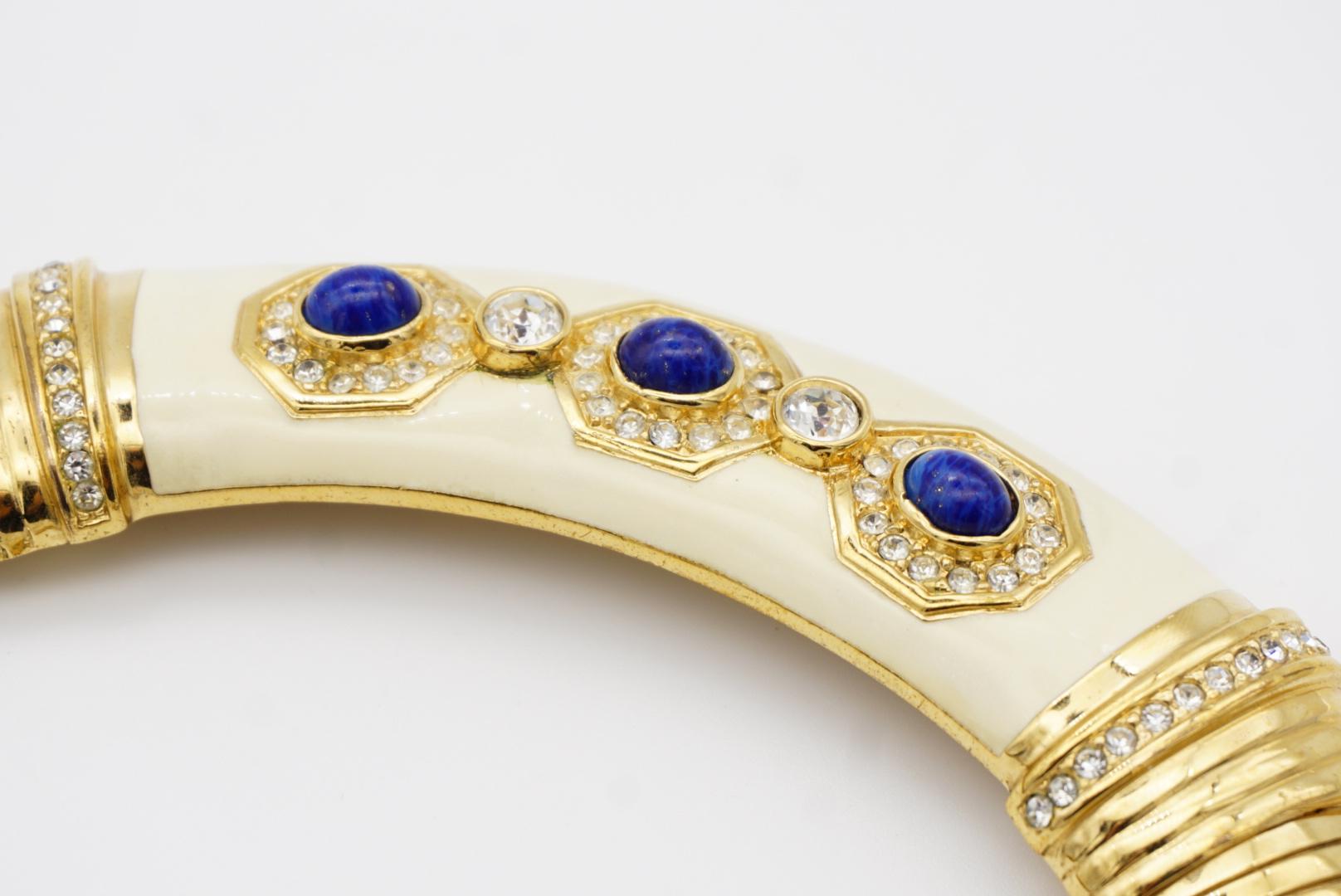 Christian Dior Vintage 1980s Lapis Crystals Beige Wide Ribbed Omega Necklace For Sale 5