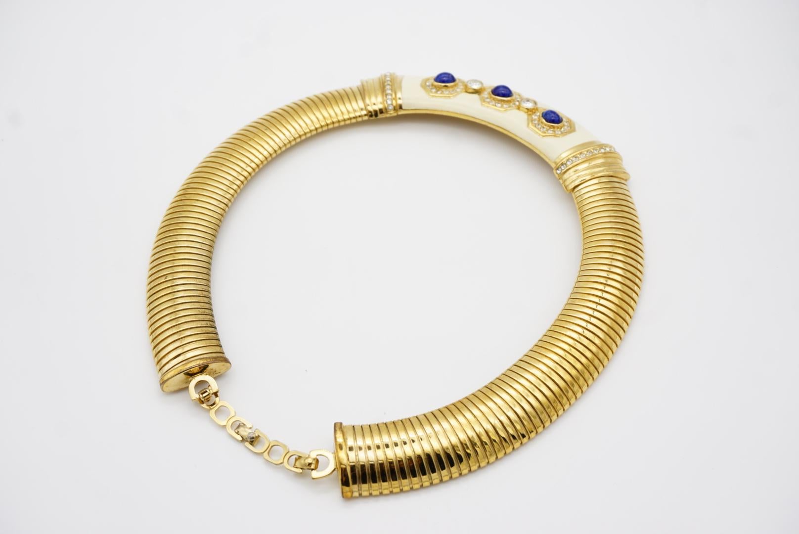 Christian Dior Vintage 1980s Lapis Crystals Beige Wide Ribbed Omega Necklace For Sale 9